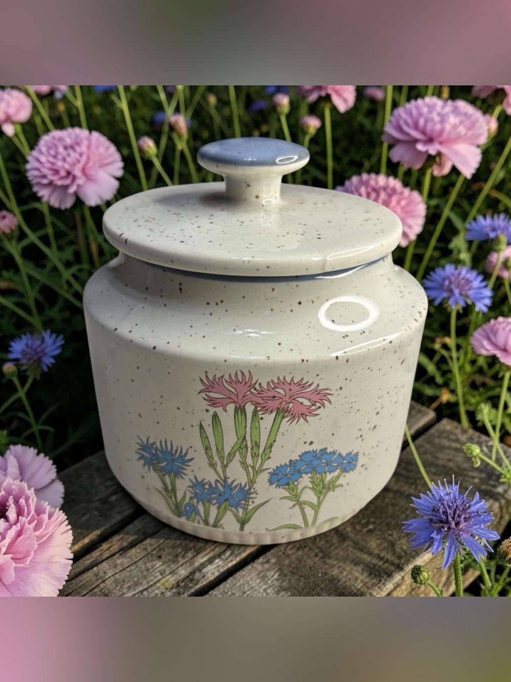 Vintage Takahashi Lidded Sugar Bowl Speckled Floral Blue Pink Wildflowers 4”x 4”